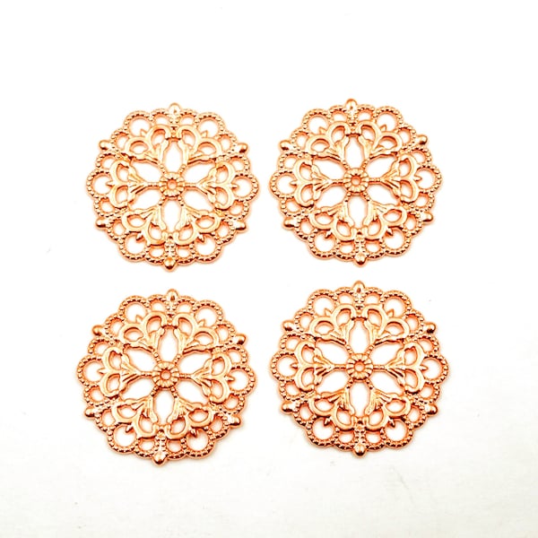 4 Rose Gold Plated Filigree Flower Components - 1-84