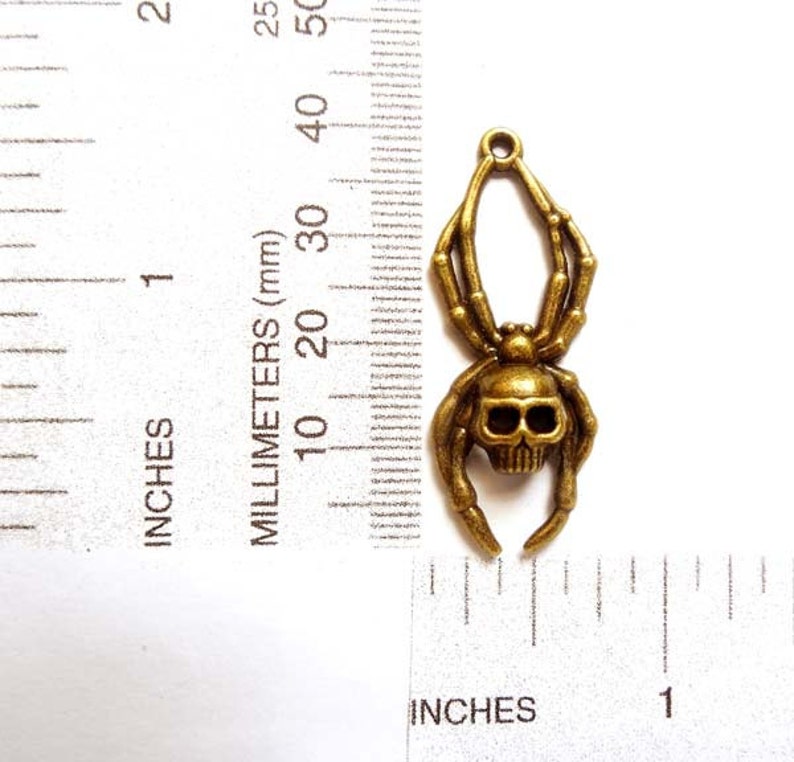 4 Antique Bronze Skull Spider Charms 20-A-14 image 2