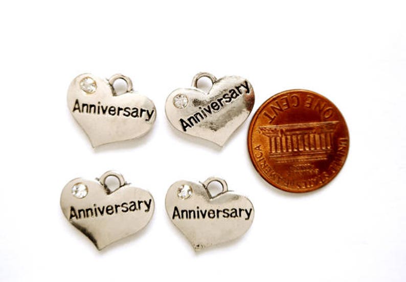 4 Antique Silver Anniversary Heart Charms 21-29-9 image 3