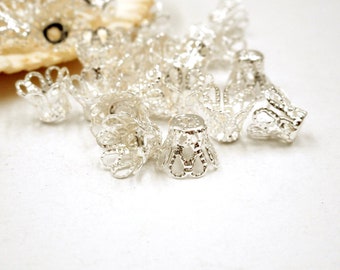 40 Silver Plated Filigree Flower Bead Caps - 6-22