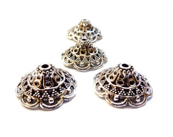 4 Antique Silver Ornate Filigree Bead Caps - 41-1-14