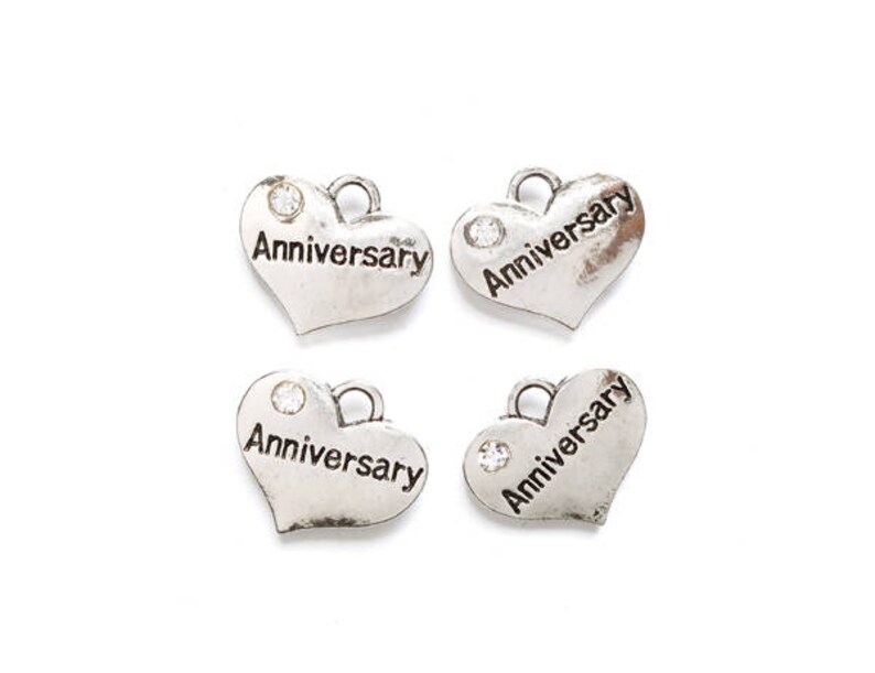 4 Antique Silver Anniversary Heart Charms 21-29-9 image 1