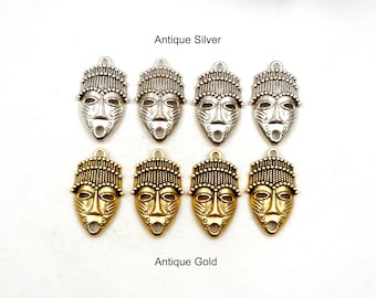 4 Antique Silver Or Antique Gold Tribal Mask Charms - 32-53