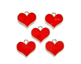 5 Red Enameled Heart Charms - 4-FNT