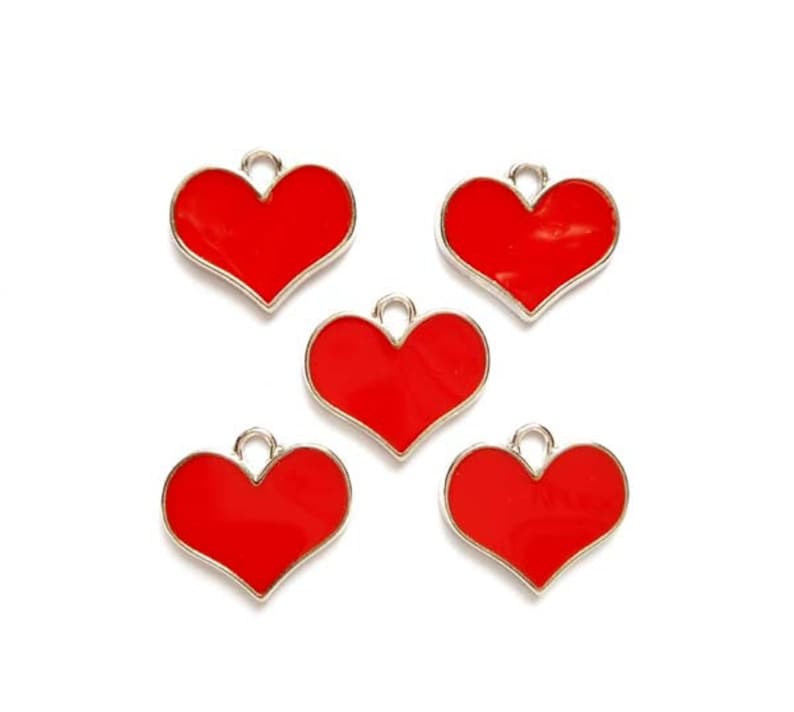 5 Red Enameled Heart Charms - 4-FNT 
