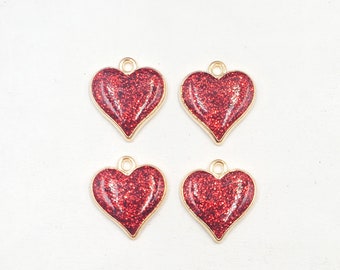 4 Gold Plated Red Glitter Heart Charms - 21-49-2