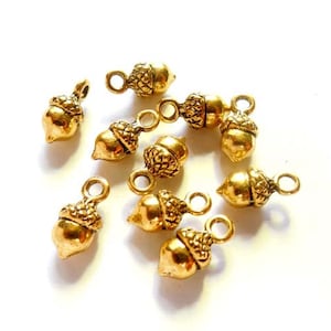 May include: A group of ten gold acorn charms with a loop for hanging. The charms are detailed with a textured acorn cap and a smooth acorn body.
