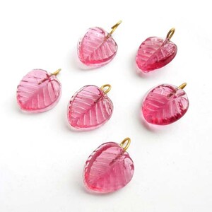 4 Pink Glass Leaf Drop Charms With Embedded Brass Loop 24-3 image 5