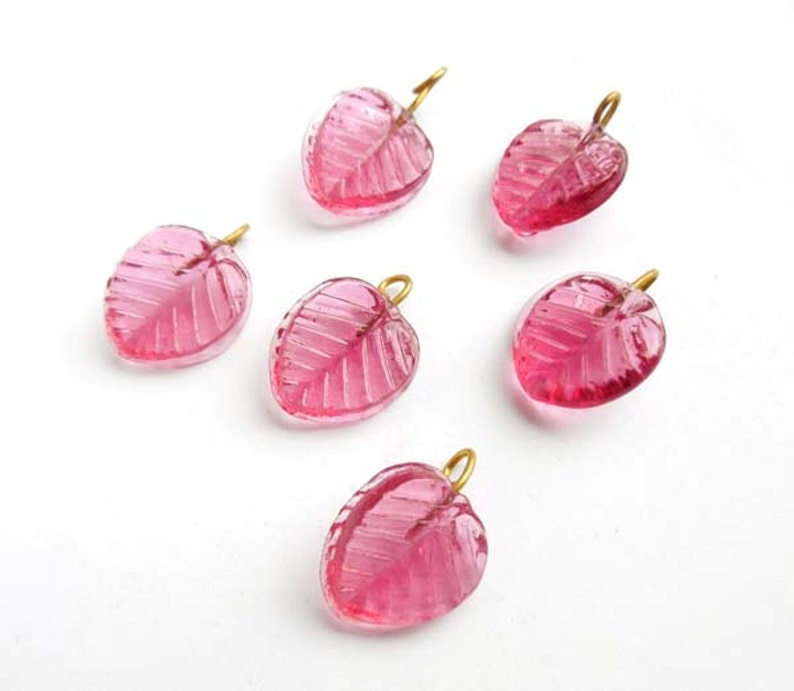 4 Pink Glass Leaf Drop Charms With Embedded Brass Loop 24-3 image 5