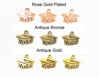 6 Rose Gold Plated, Antique Bronze Or Antique Gold 2024 Graduation Cap Charms - 21-28-1