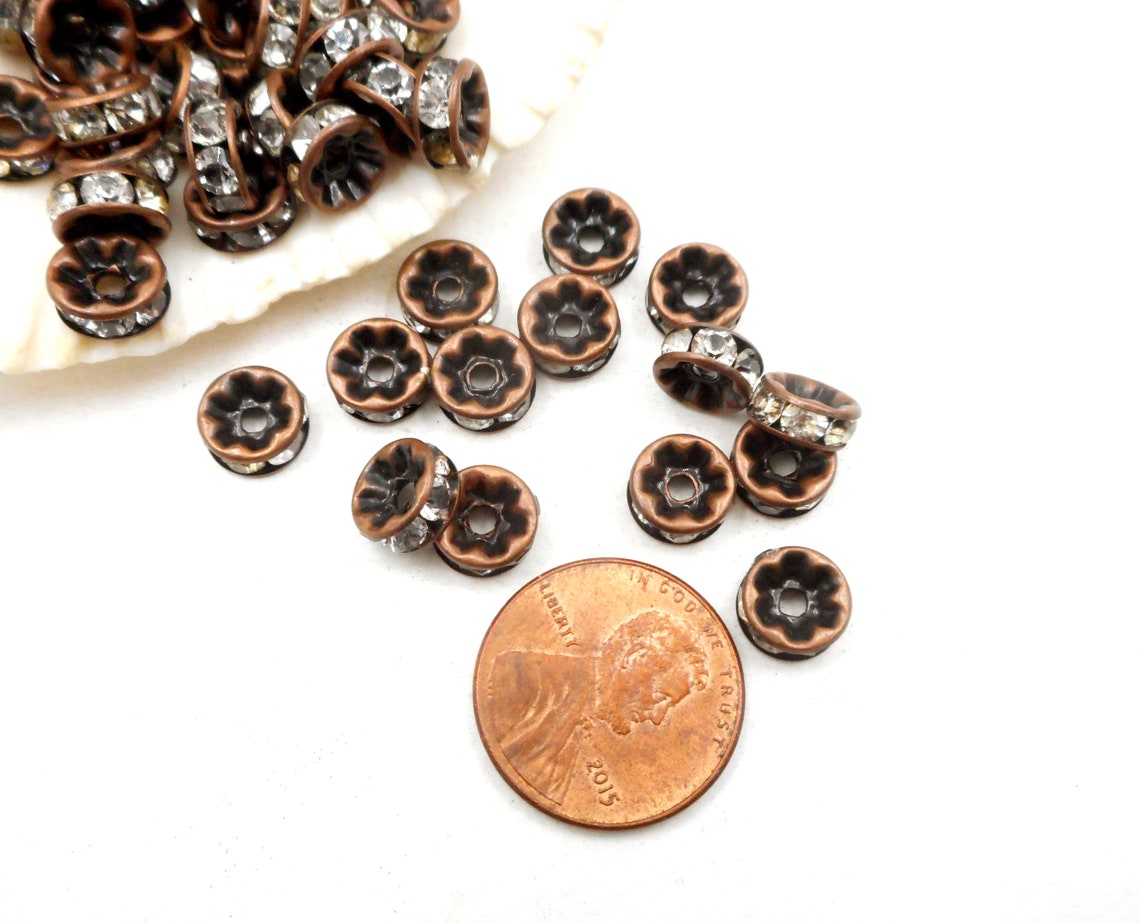 20 Antique Copper Rondelle Spacer Beads With Clear Rhinestones | Etsy