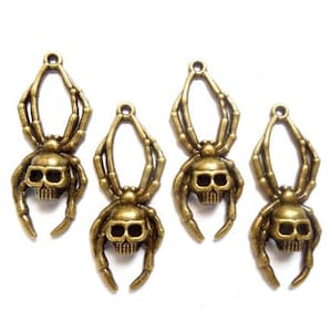 4 Antique Bronze Skull Spider Charms 20-A-14 image 1