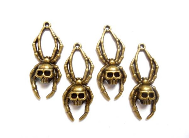 4 Antique Bronze Skull Spider Charms 20-A-14 image 1