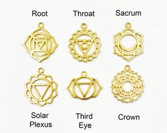 May include: Six gold-colored metal charms with different designs representing the seven chakras. The charms are labeled with the names of the chakras: Root, Sacrum, Solar Plexus, Throat, Third Eye, and Crown.