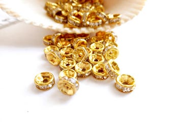 20 Gold Rondelle Spacer Beads With Clear Crystal Rhinestones 6mm, 7mm Or 8mm - 17-14A