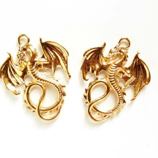 2 Antique Gold Dragon Charm/Connectors - 30-15-2