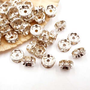 20 Silver Rondelle Spacer Beads With Clear Crystal Rhinestones In 2 Sizes - 17-11-A