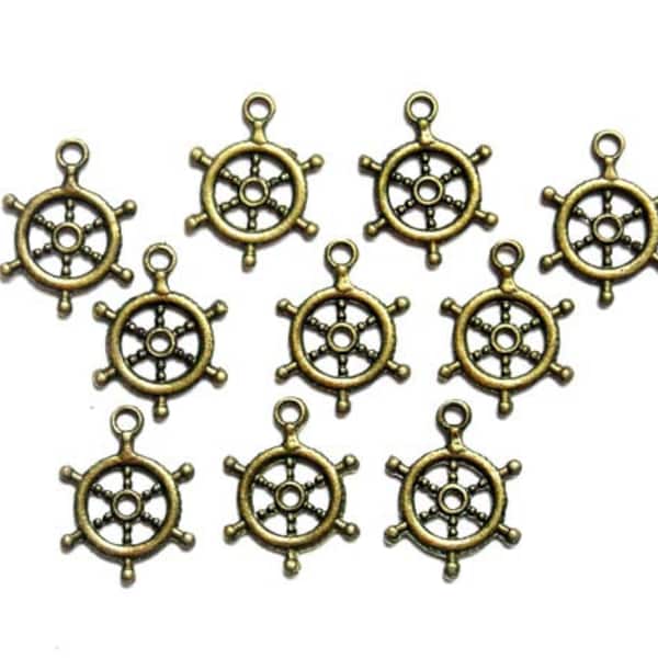 10 Antique Bronze Nautical Ship Wheel Charms - 21-64-2
