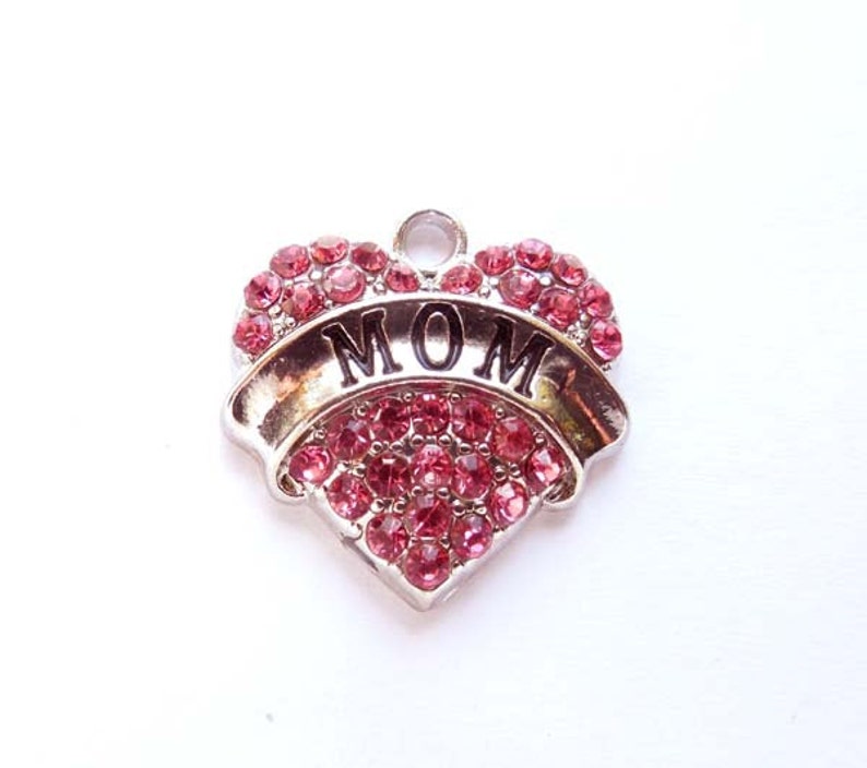 1 Antique Silver Mother's Day Heart Charms With Pink Or Clear Rhinestones 27-14 image 5