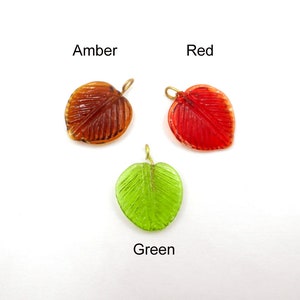 6 Amber, Red Or Green Glass Leaf Drop Charms With Embedded Brass Loop - 41-3-1