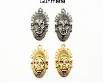 2 Gunmetal Or Antique Gold Benin Empire Tribal Masks - 21-17-4