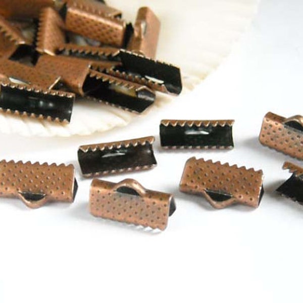 20 Antique Copper Crimp Ribbon End Caps - 13mm - 5-7