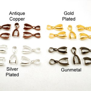 May include: Four sets of six silver, gold, antique copper, and gunmetal pendant clasps. Each set is arranged in a row on a white background.