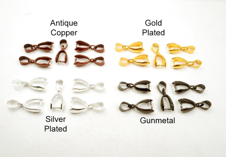 May include: Four sets of six silver, gold, antique copper, and gunmetal pendant clasps. Each set is arranged in a row on a white background.