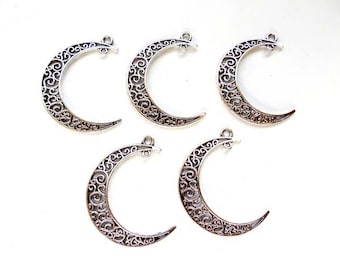 4 Antique Silver Crescent Moon Filigree Charm/Connectors - 4-CMC-4