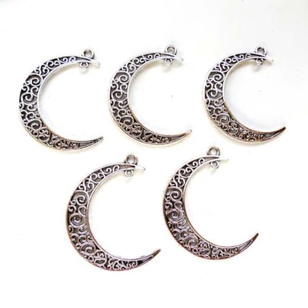 4 Antique Silver Crescent Moon Filigree Charm/Connectors - 4-CMC-4