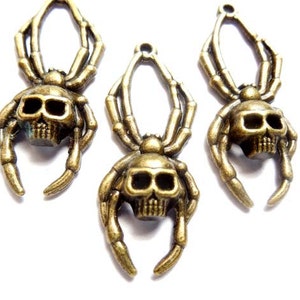 4 Antique Bronze Skull Spider Charms 20-A-14 image 4