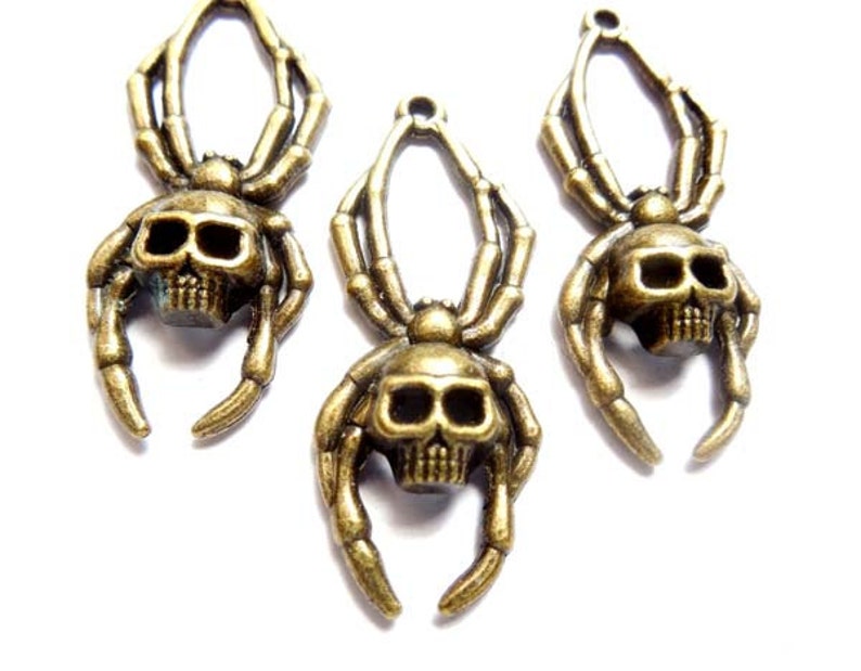 4 Antique Bronze Skull Spider Charms 20-A-14 image 4