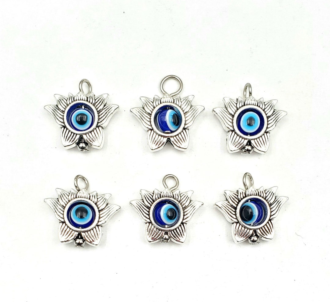 6 Antique Silver Lotus Flower Evil Eye Charms 2711 Etsy