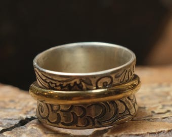 Bague spinner de luxe unique en son genre en or jaune 9 carats sur argent sterling texturé Taille US 8