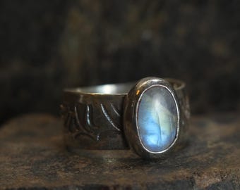 Bague artisanale en pierre de lune et argent sterling, taille US 8