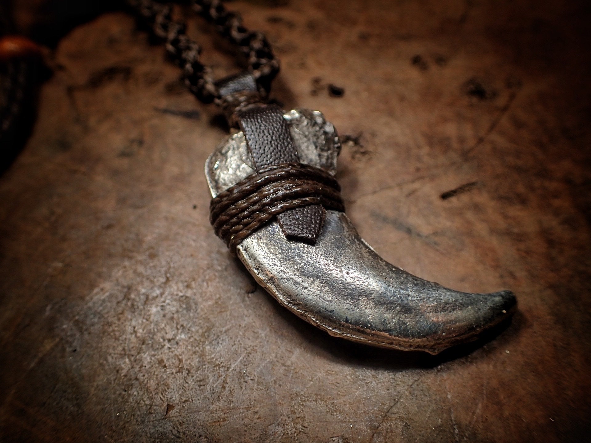 Silver Bear Claw Pendant With Adjustable Hand Woven Macrame