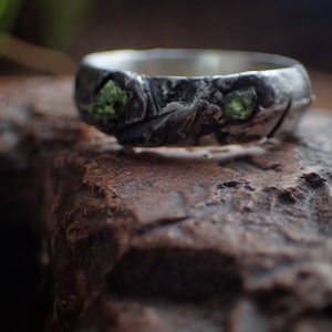 Gnarly rough Green Sapphire and Silver Fusion Ring ~ Sand Cast Rugged Rustic and Rugged One of a Kind Ring / Band US Size 9