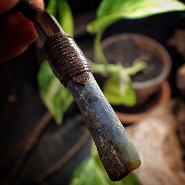 Blue Australian Kyanite Crystal Pendant on Adjustable Hand Woven Macrame Style Necklace