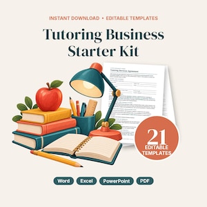 Könnte beinhalten: Tutoring Business Starter Kit mit bearbeitbaren Vorlagen. Enthält einen Bücherstapel, einen roten Apfel, eine Schreibtischlampe, einen Stiftehalter, ein Notizbuch und ein Dokument mit dem Titel Tutoring Services Agreement. Abzeichen mit 21 Editable Templates.