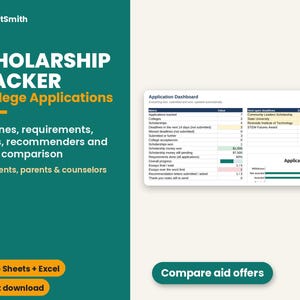 May include: A digital scholarship tracker and college application dashboard for Google Sheets and Excel. The interface displays metrics, deadlines, and application status charts. Text includes SheetSmith, Scholarship Tracker, and Compare aid offers.