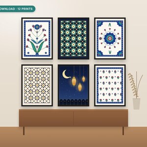 May include: A set of six framed wall art prints featuring diverse patterns including floral motifs, geometric star designs, and a night scene with a crescent moon and hanging lanterns. The text DIGITAL DOWNLOAD 12 PRINTS is visible.
