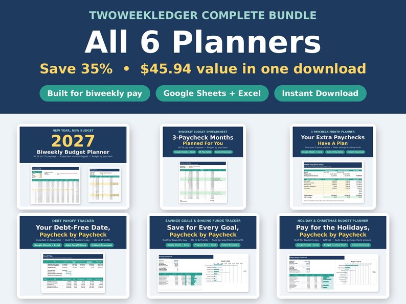 Budget Spreadsheet Bundle | 6 Biweekly Paycheck Planners | Debt Payoff, Sinking Funds, Christmas Budget and 2027 | Google Sheets & Excel image 1