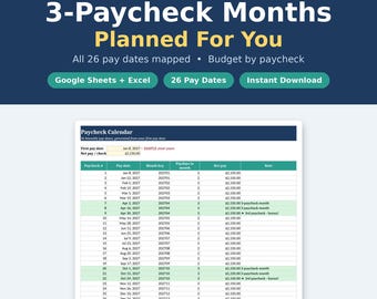 May include: A biweekly budget spreadsheet template for Google Sheets and Excel. The digital document features a Paycheck Calendar with columns for paycheck number, date, month key, paydays in month, net pay, and notes for 26 pay dates.