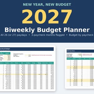 Puede incluir: Un planificador de presupuesto quincenal 2027 con encabezado azul oscuro y texto amarillo que dice New Year, New Budget 2027 Biweekly Budget Planner. El documento incluye tablas para el presupuesto de nómina y fechas de pago con columnas detalladas.