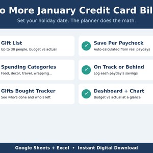Puede incluir: Un planificador de presupuesto navide&ntilde;o digital para Google Sheets y Excel titulado No More January Credit Card Bills. Incluye lista de regalos, categor&iacute;as de gastos, seguimiento de compras, ahorro por n&oacute;mina y un panel con gr&aacute;fico.