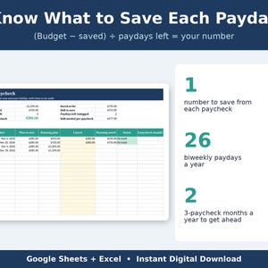 Puede incluir: Una hoja de c&aacute;lculo presupuestaria digital titulada Know What to Save Each Payday. Incluye una tabla con columnas para fechas de pago, ahorros planificados y estado, junto con texto que explica los c&aacute;lculos para 26 pagos quincenales.