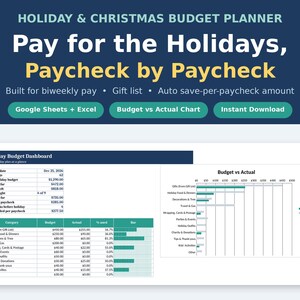 Puede incluir: Una hoja de c&aacute;lculo digital para la planificaci&oacute;n presupuestaria de vacaciones y Navidad que incluye un panel con un gr&aacute;fico de presupuesto frente a real, tablas de categor&iacute;as y campos de seguimiento financiero para regalos, comida y decoraci&oacute;n.