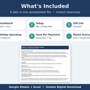 Puede incluir: Un archivo de hoja de c&aacute;lculo digital para el presupuesto de vacaciones y Navidad con seis pesta&ntilde;as que incluyen panel de control, configuraci&oacute;n, lista de regalos, gastos de vacaciones y ahorro por n&oacute;mina para Excel y Google Sheets.
