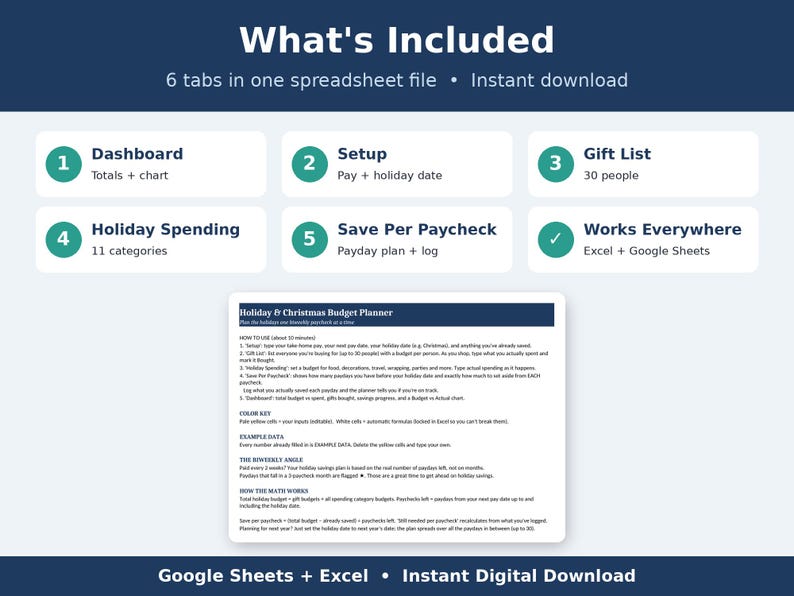 Puede incluir: Un archivo de hoja de c&aacute;lculo digital para el presupuesto de vacaciones y Navidad con seis pesta&ntilde;as que incluyen panel de control, configuraci&oacute;n, lista de regalos, gastos de vacaciones y ahorro por n&oacute;mina para Excel y Google Sheets.