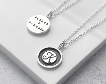 Sterling Silver Personalised Necklace Double Sided | Silver Disc Initial Necklace | Handmade Gift for Her | Personalised Jewellery